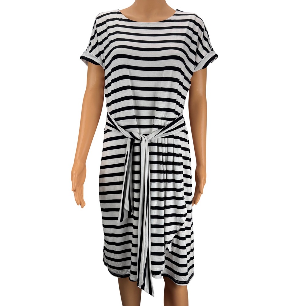 Chaps Womens Black White Striped Short Sleeve Tie Waist Dress Size M Jersey Knit